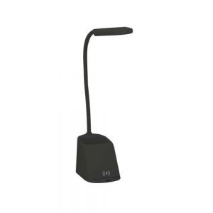 Lámpara para escritorio negra con organizador y cargador Wireless para smartphones compatibles con tecnología Qi. Incluye cargador tipo usb.